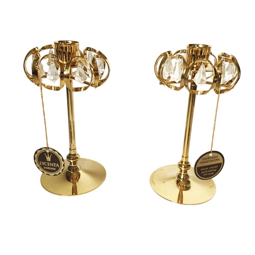 Vintage Pair of Lycenta 24 Ct Gold-Plated Candle Holders w/ Teardrop Crystals